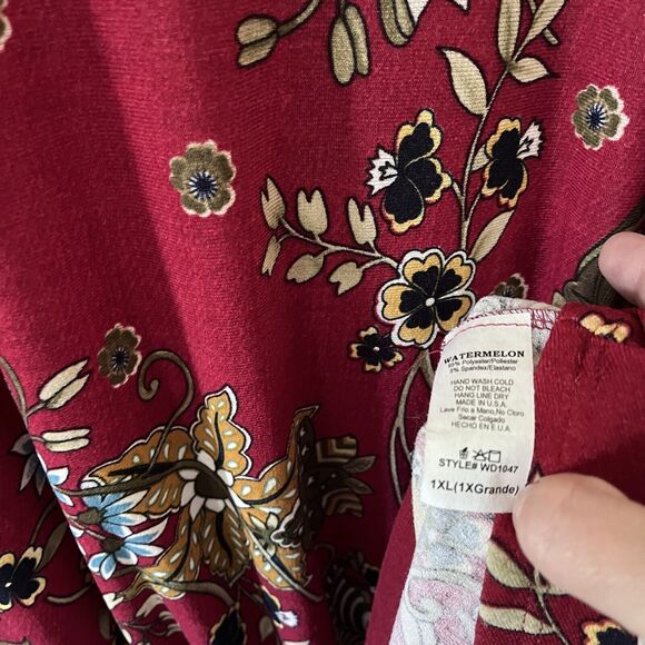 Watermelon 1X Burgundy Floral Print Fall Long Sleeve Dress - Picture 5 of 7